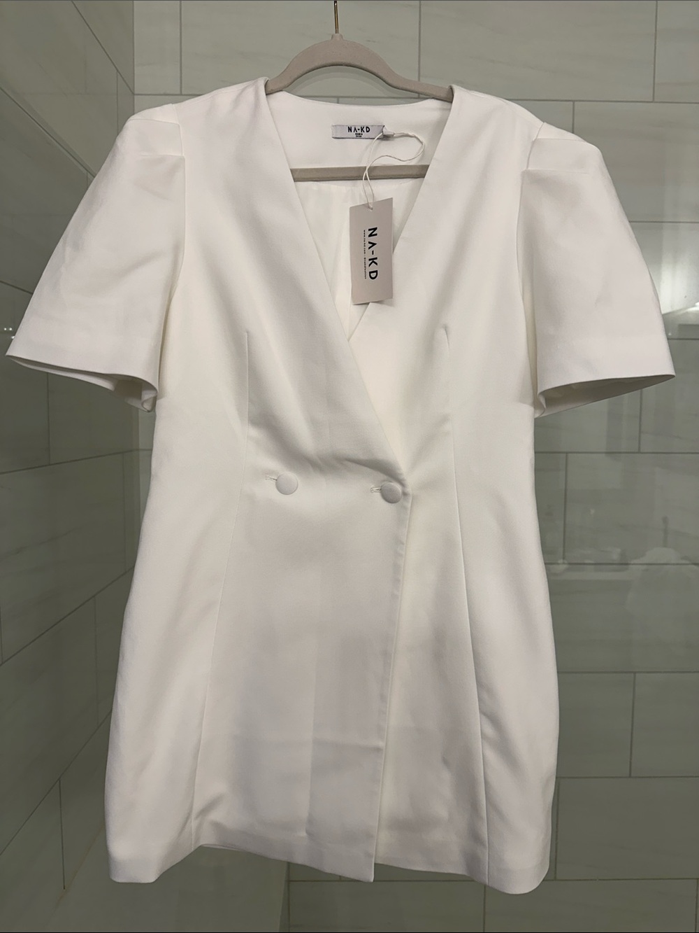 NA-KD White Double-Breasted Mini Dress with V-Neck